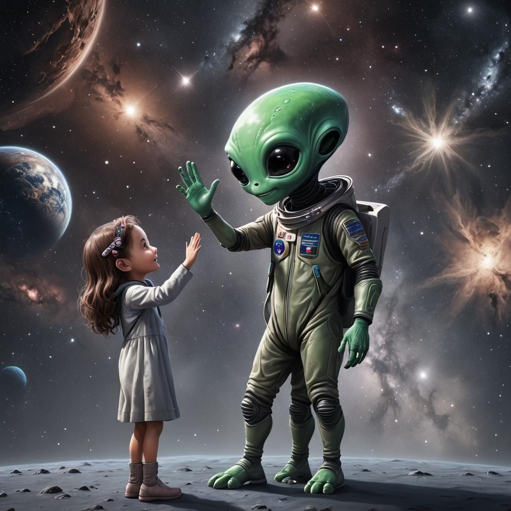 Cute alien  high five with a cute girl, standing face to face, background in space, Hyperealistic  by @undefined