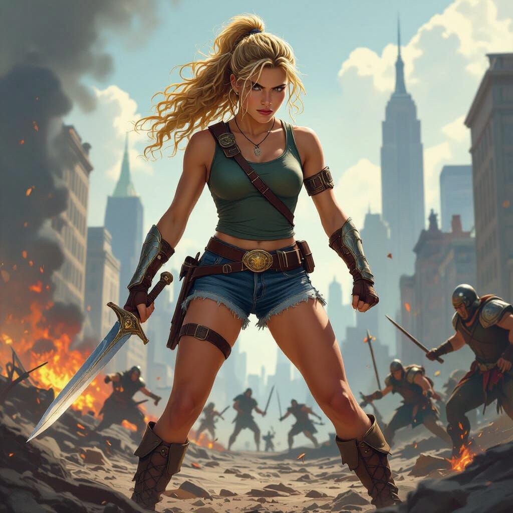 Annabeth Chase at the battle of Manhattan, wearing jean shorts and camp half blood t-shirt with her curly-wavy blond hair pulled into a pony...