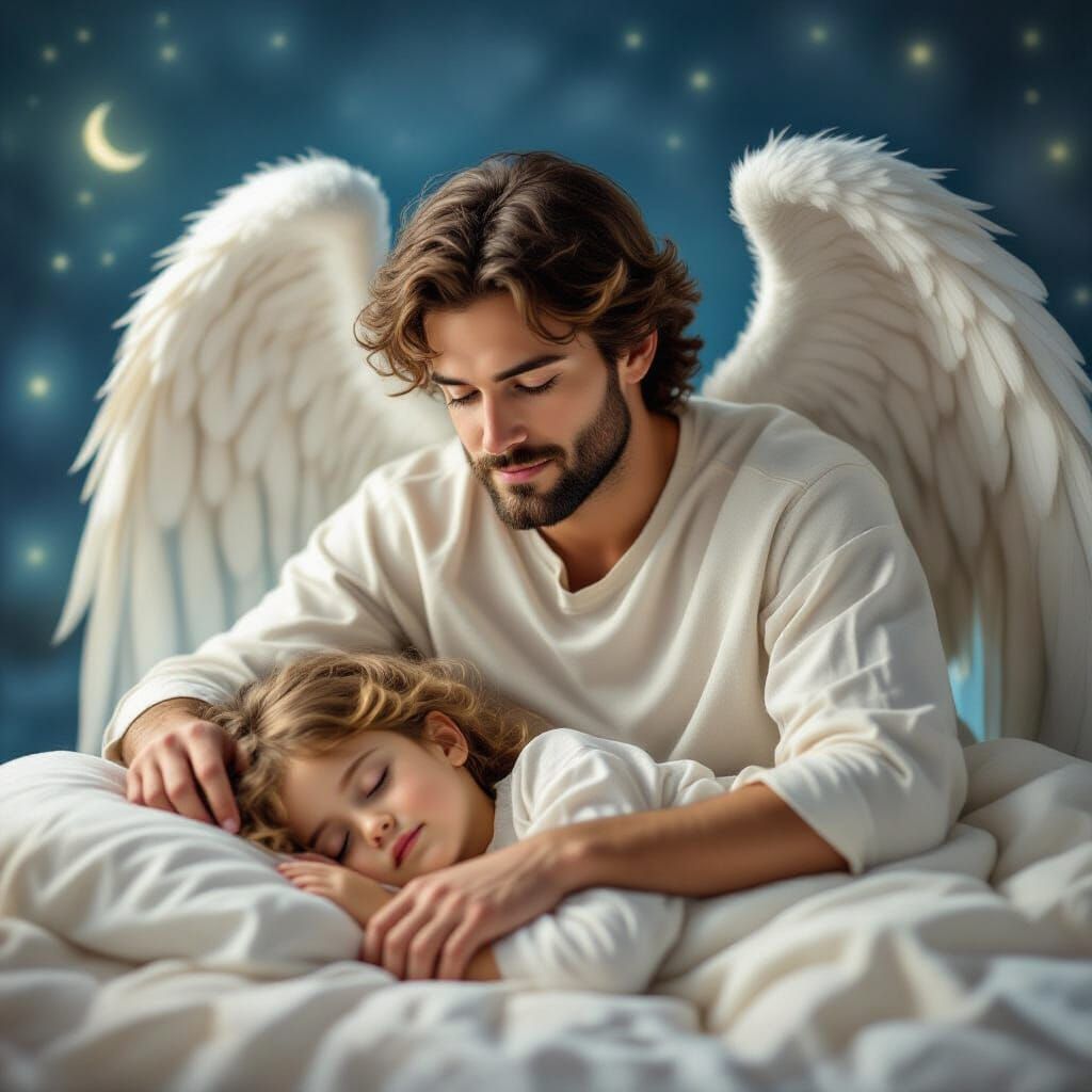 A guardian angel keeping watch over a sleeping child