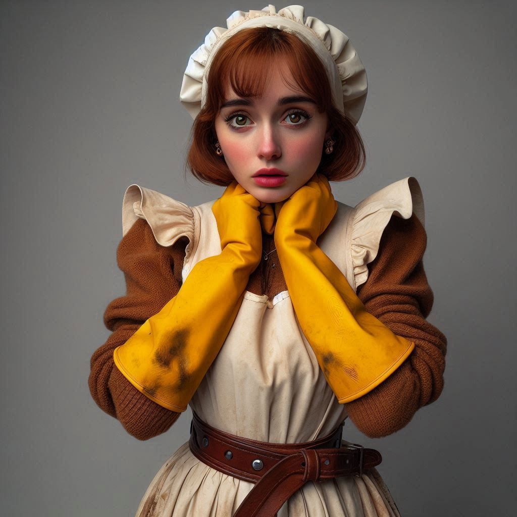 A petite woman in her 40ies cupping her head in her rubbergl...