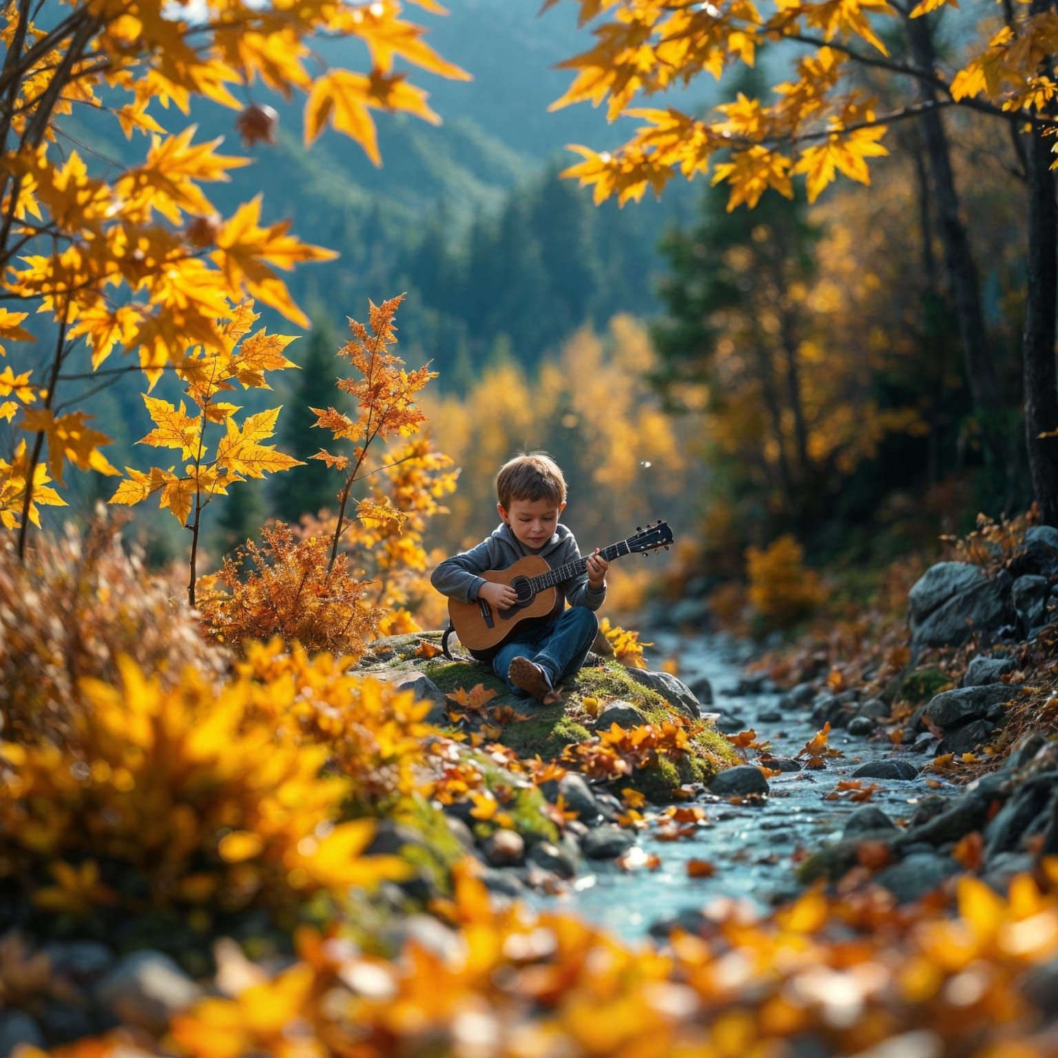 A professional close-up photograph of a tiny, intricate, highly detailed microcosm of a realistic, well-lit autumn scene, with yellow and or...