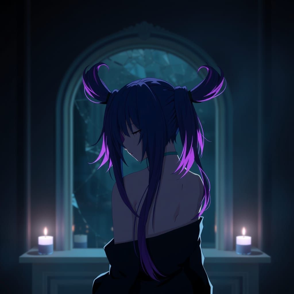 Hatsune Miku with dark purple hair, standing in front of a cracked mirror in a dark room.