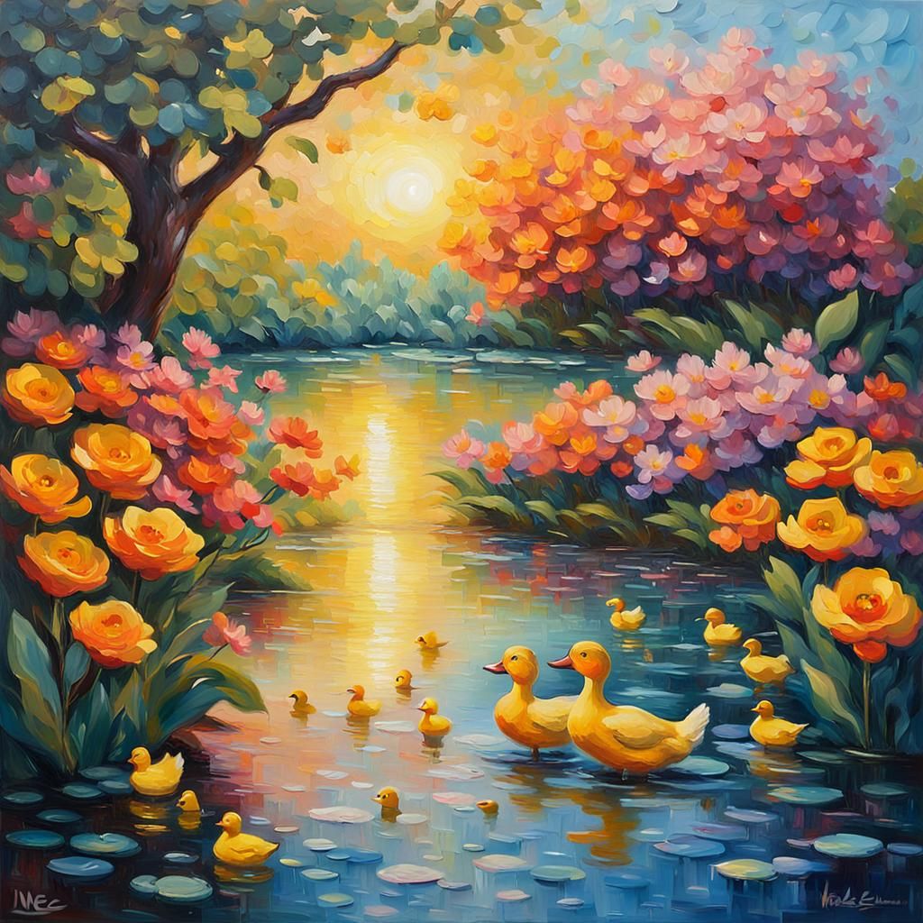 Vibrant Enchanted Garden at Sunset, in Impressionist Style