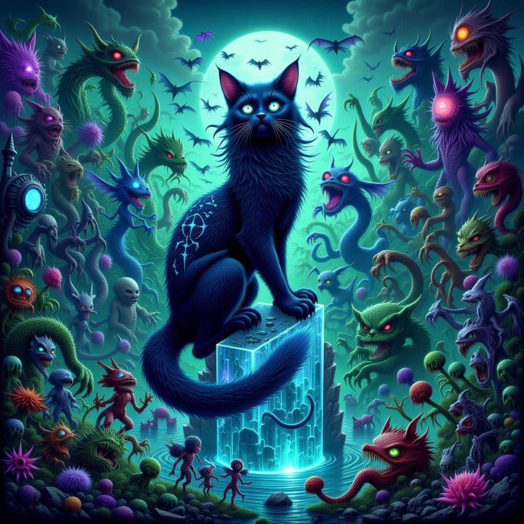 Fantasy concept art. A majestic, ethereal cat with cosmic patterns on its fur, perched on a crystal shard overlooking a vibrant, alien jungl...