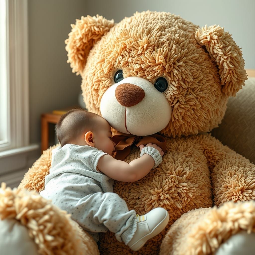 Massive Adorable Stuffed Toy Teddybear being cuddled by an adorable baby. HDR, hyperdetailed.  by @BoratsChestHair