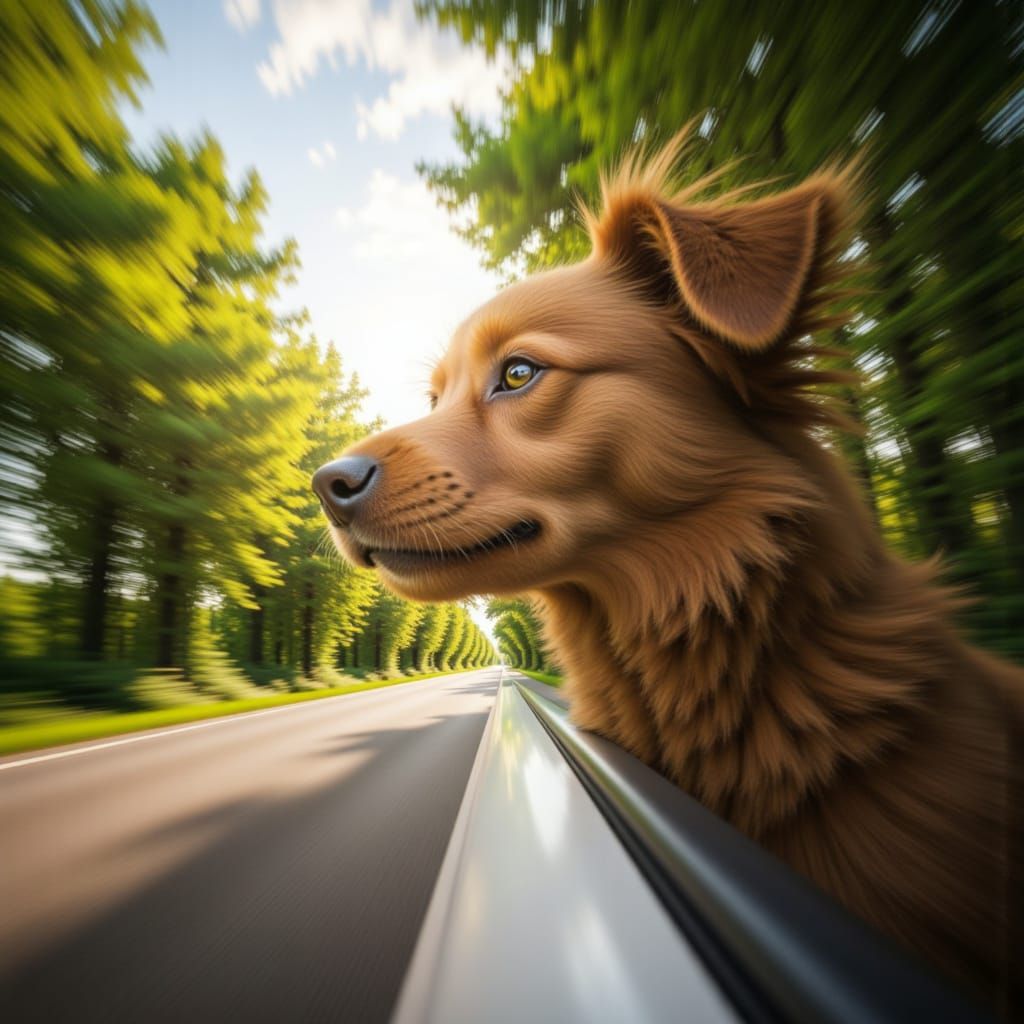 <lora:Motion Blur Speed:1.3>shaggy dog windy car ride motion blur tree lined road