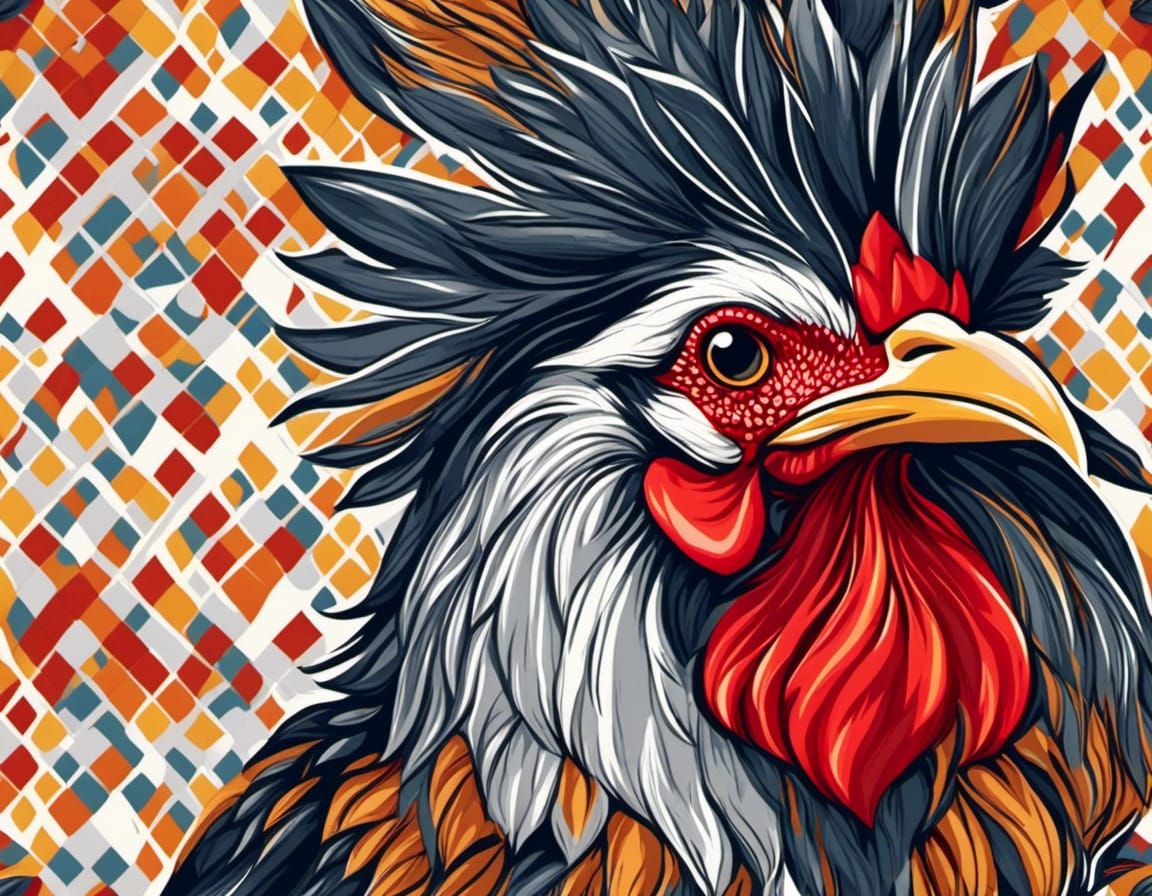 <lora:folklore:1.0> A rooster in a scarlet orange helmet proudly walks around the barnyard, cartoon,