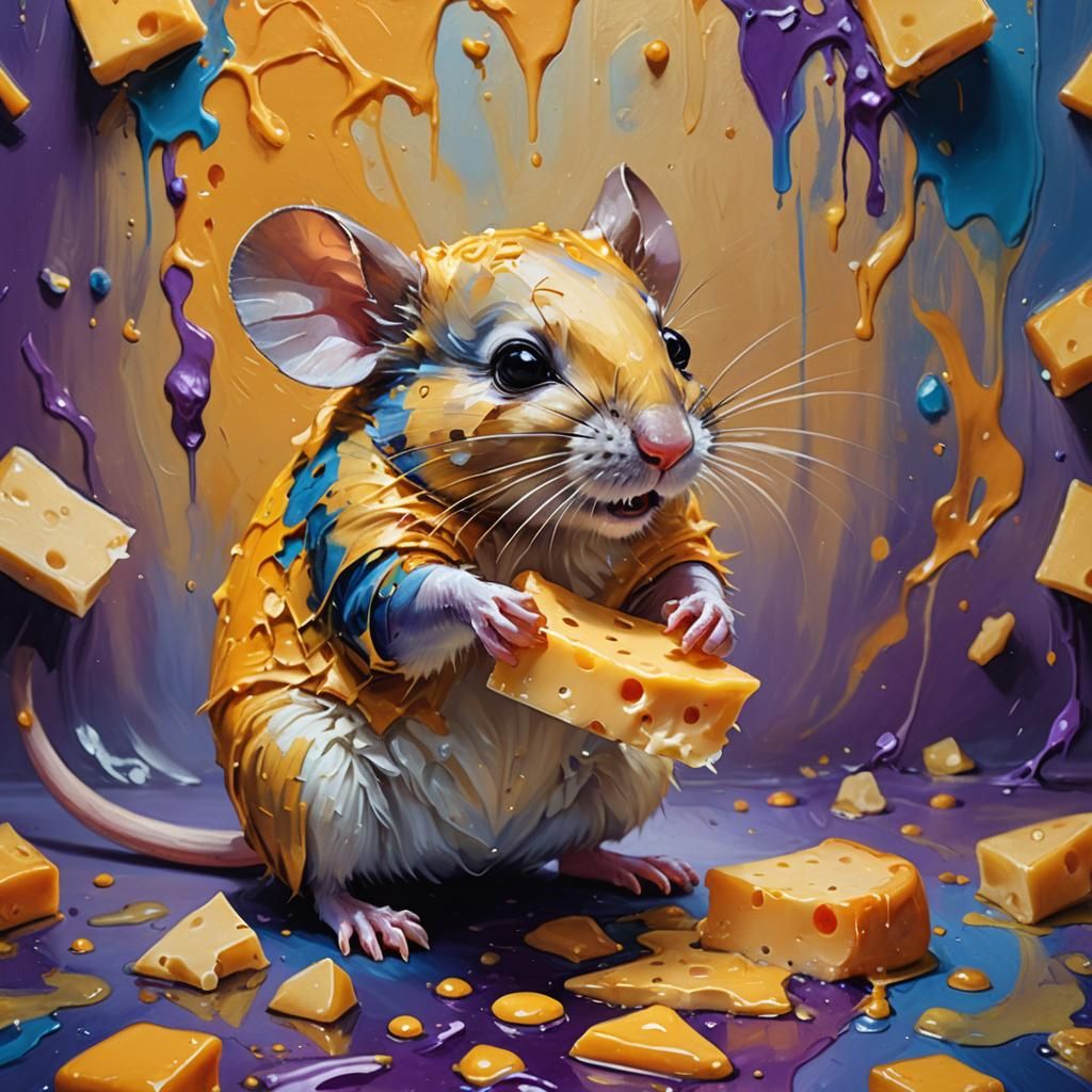 Whimsical Mouse Savoring Melted Cheese in Warm Light