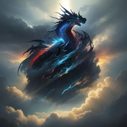 Heavenly Celestial Dragon Spins in Dark Stormy Sky with Divi...