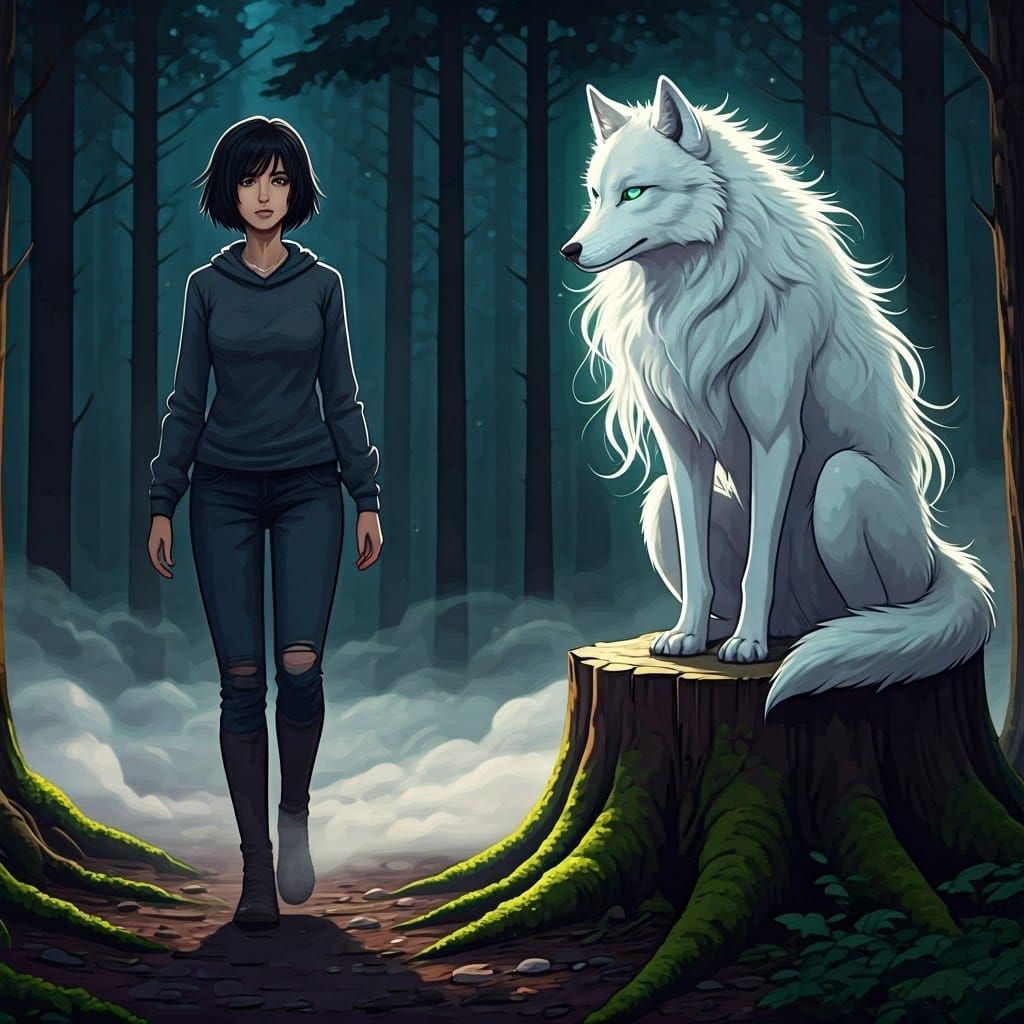 Moon finding Wolfie in the foggy forest