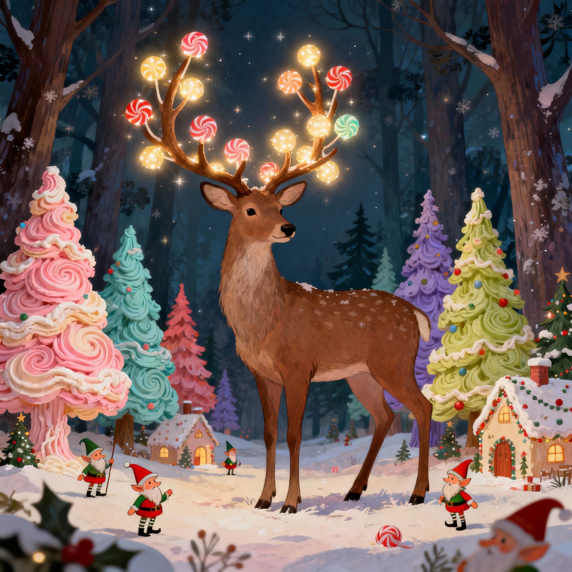 A majestic stag with antlers adorned with glowing orbs resembling candies, standing in a forest where the trees are made of swirling pastel-...