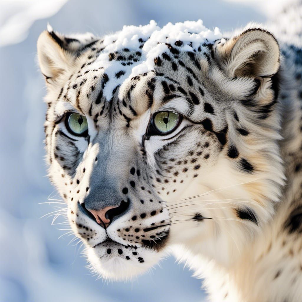 Portrait of a snow leopard in the snow a sunny winter day  by @Eto Demerzel