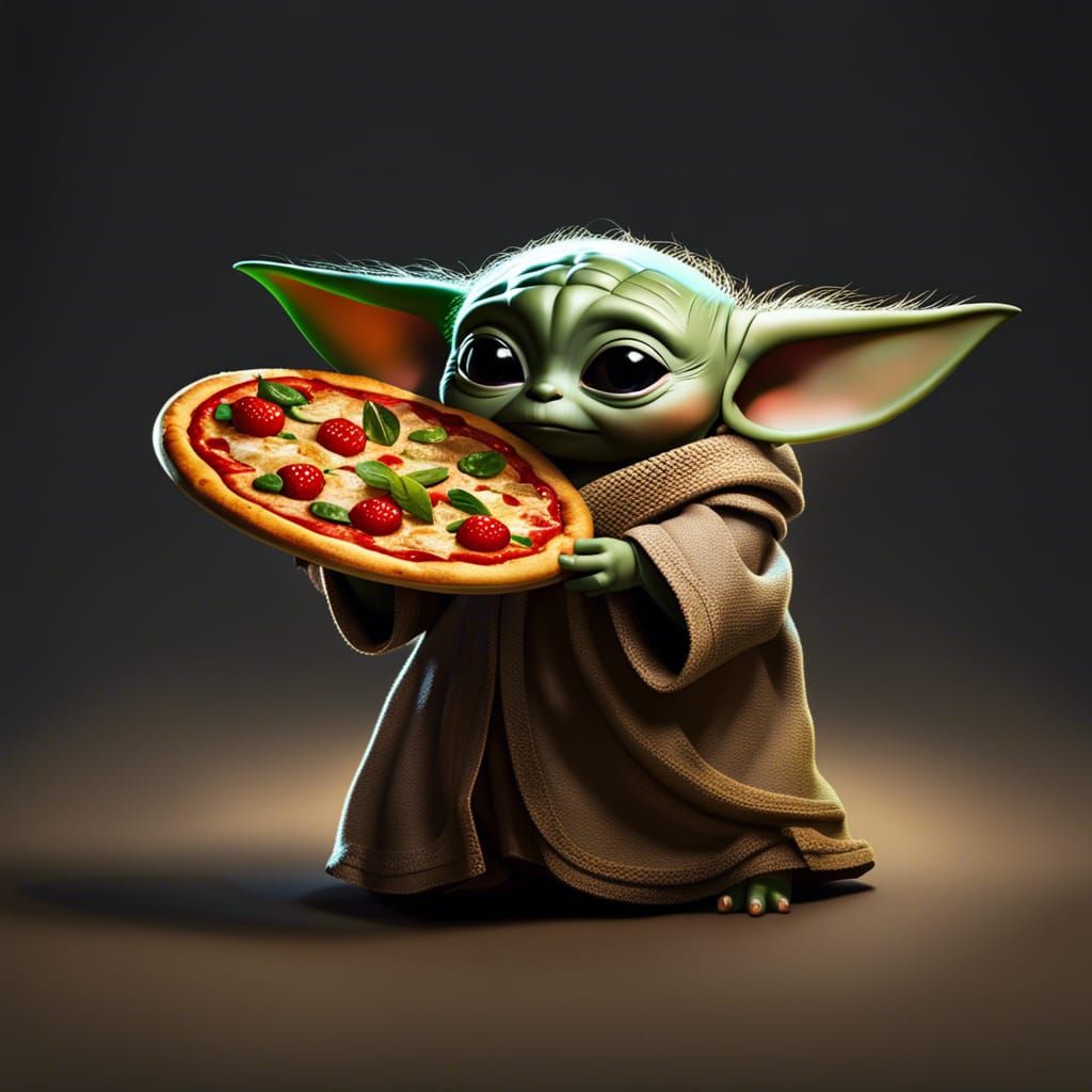Baby Yoda holding a pizza  by @Leila