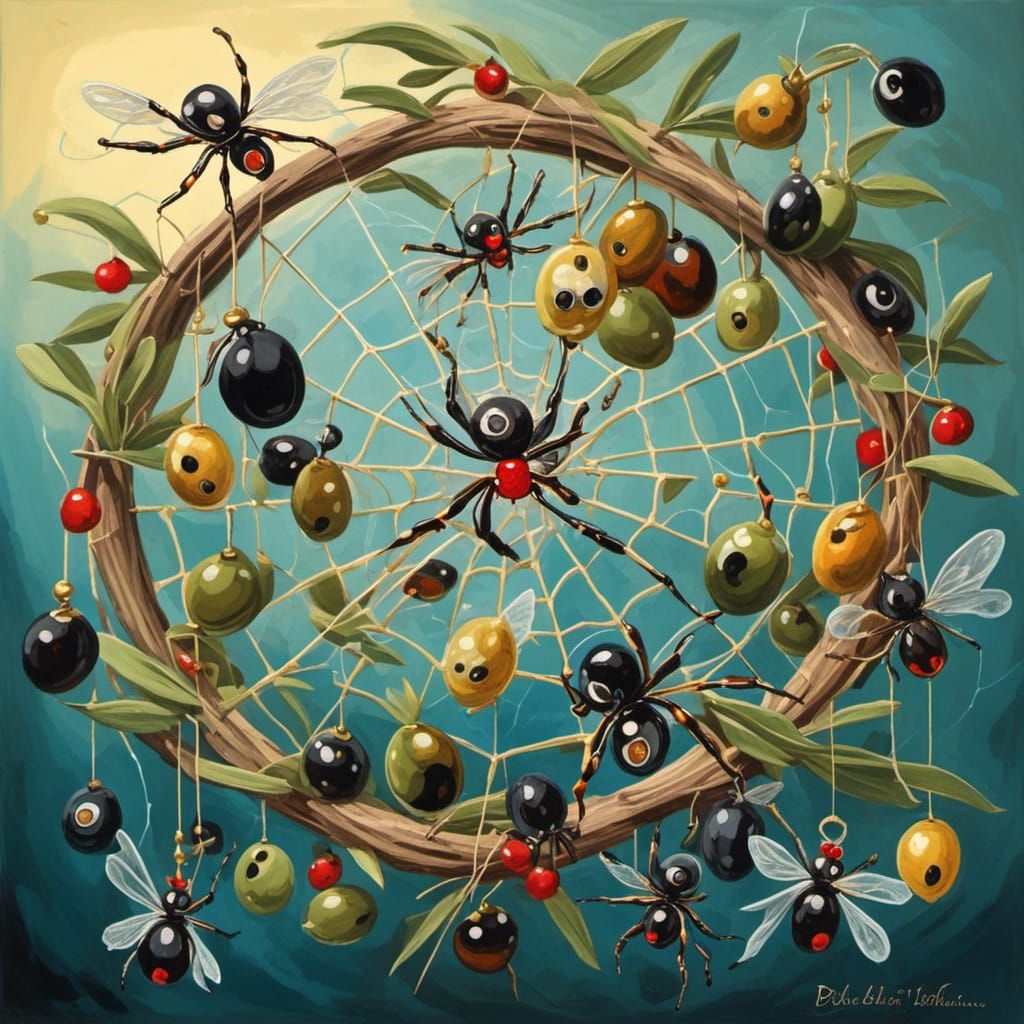 <lora:Olive Oil:1.0> Storybook illustration of Spiders weaving a bejewelled spiderweb dreamcatcher 