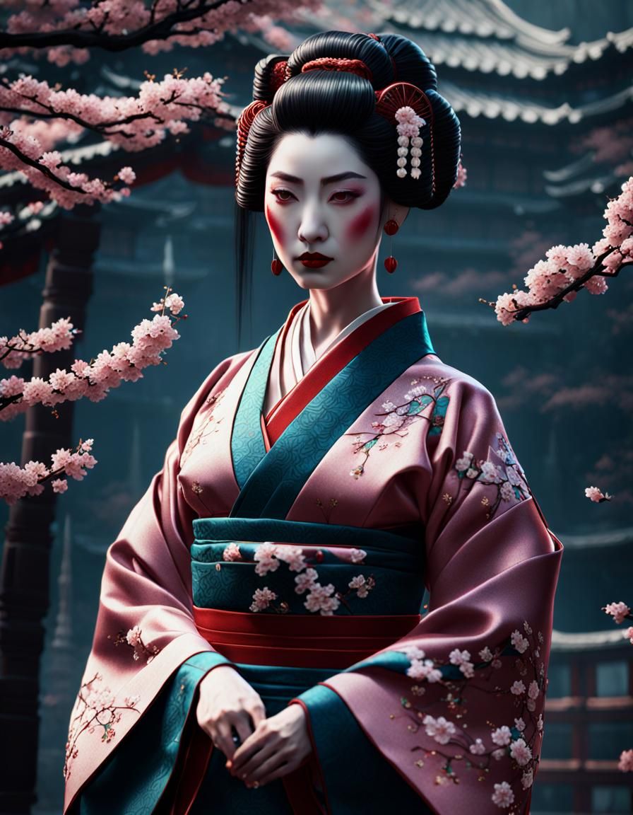 Ethereal Geisha Embroiders Cherry Blossoms in Vibrant Fantas...