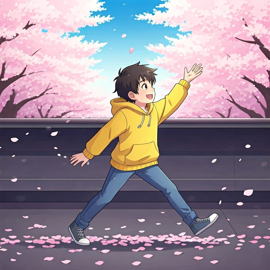 Boy Runs Through Cherry Blossoms in Anime Style