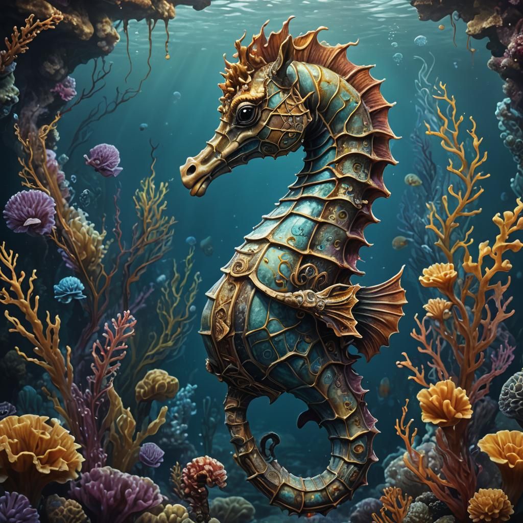 A beautiful hand drawn portrait of a seahorse on an underwater adventure   by @Jaib