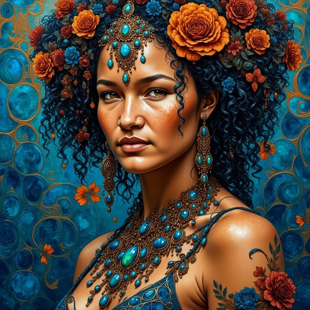 <lora:Native Woman:1.0> Portrait of woman wearing large black opals