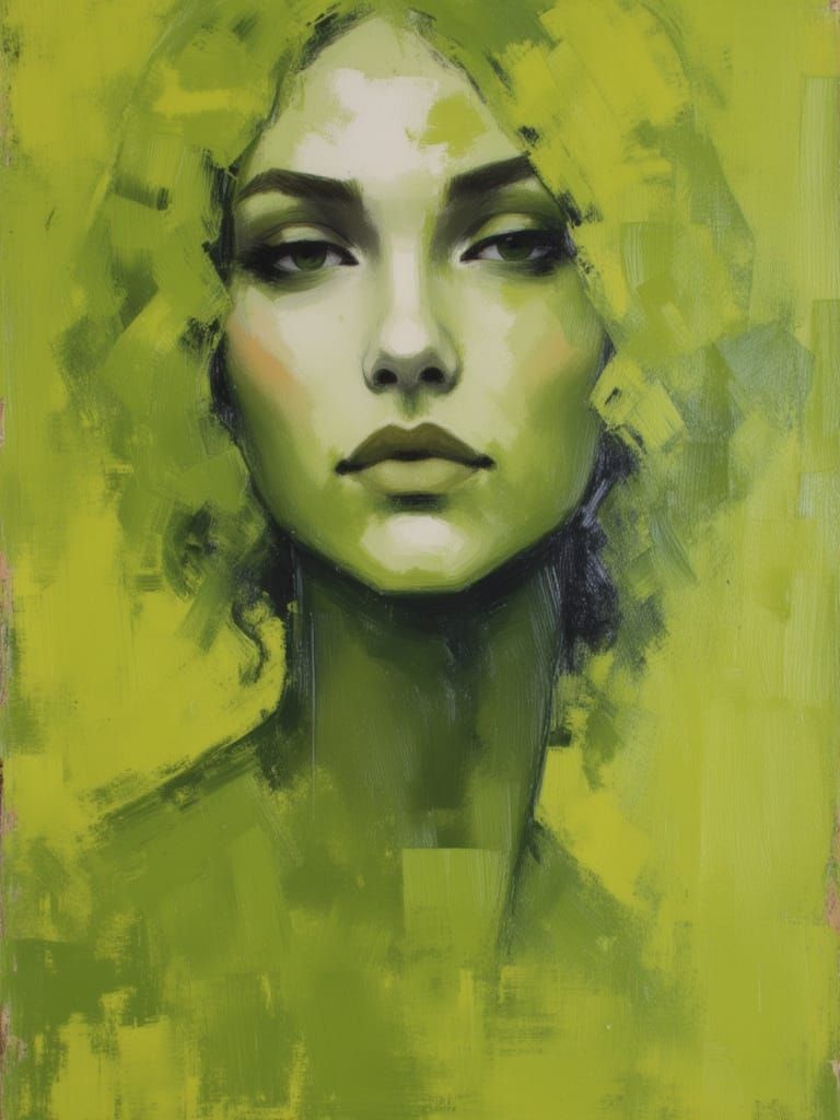 <lora:Messy oil portraits:1.0>  messy oil painting, half body length, female, olive, lime and khaki hues
