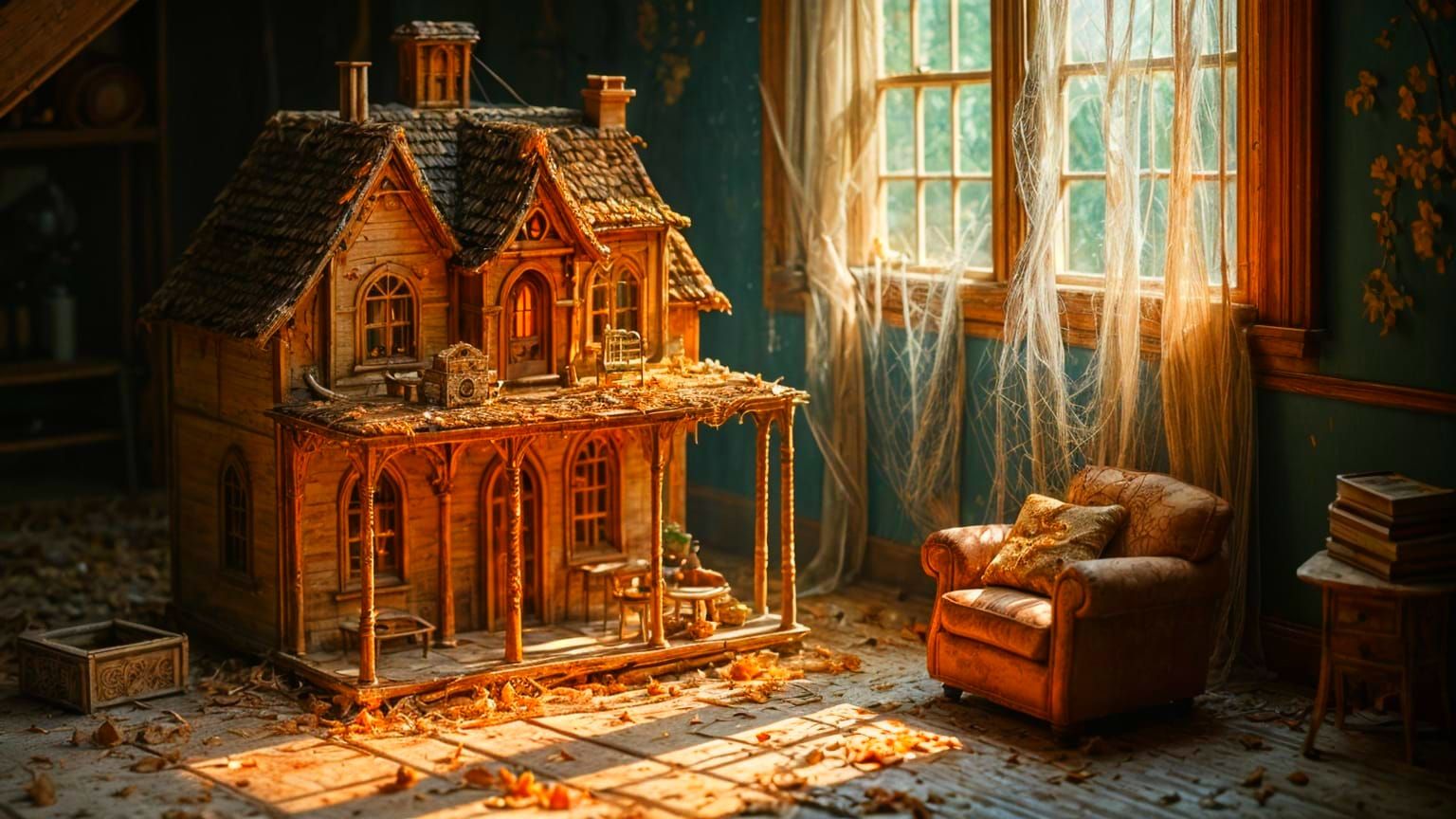  Things Made of Spiderwebs
A child's intricate dollhouse, meticulously crafted entirely from the finest, silken spiderwebs, sits abandoned i...