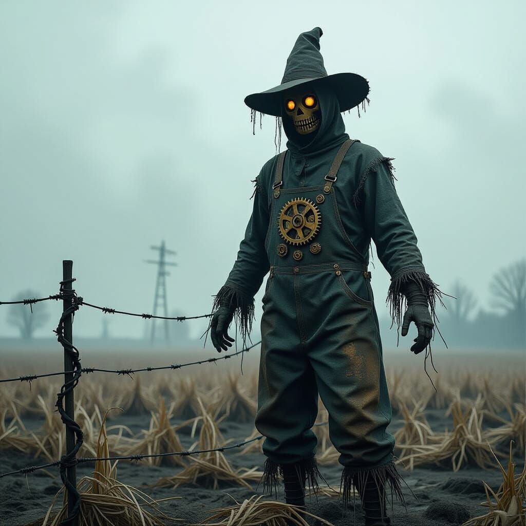 A lone scarecrow, patched with oil-stained canvas and adorned with brass gears, stands sentinel in a desolate, post-apocalyptic field under ...