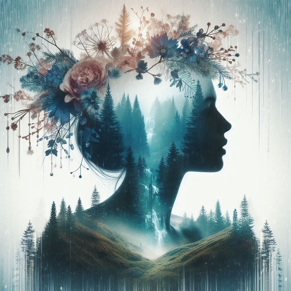 double exposure beautiful fantasy DALL-E 3 portrait landscape..