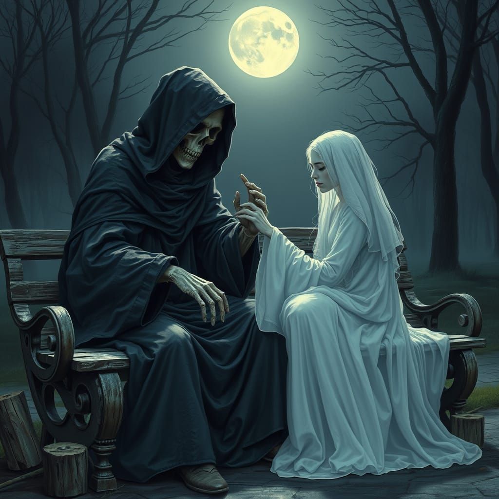 Le grand faucheur d’âme avec la dame blanche spectrale assise sur le banc de parc boisé sous un clair ...  by @Chat noir 666