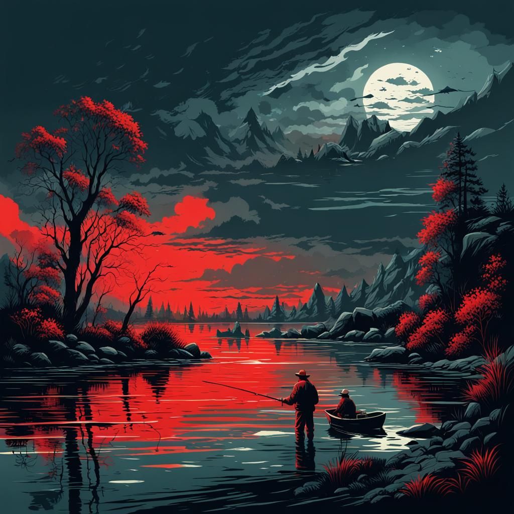 fisherman by the water , great detail vector graphic, palette of red and black shades  by @undefined