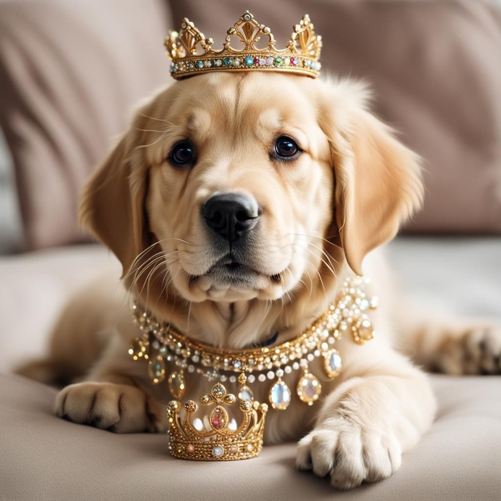 An adorable golden retriever puppy wearing a sparkling gold crown 