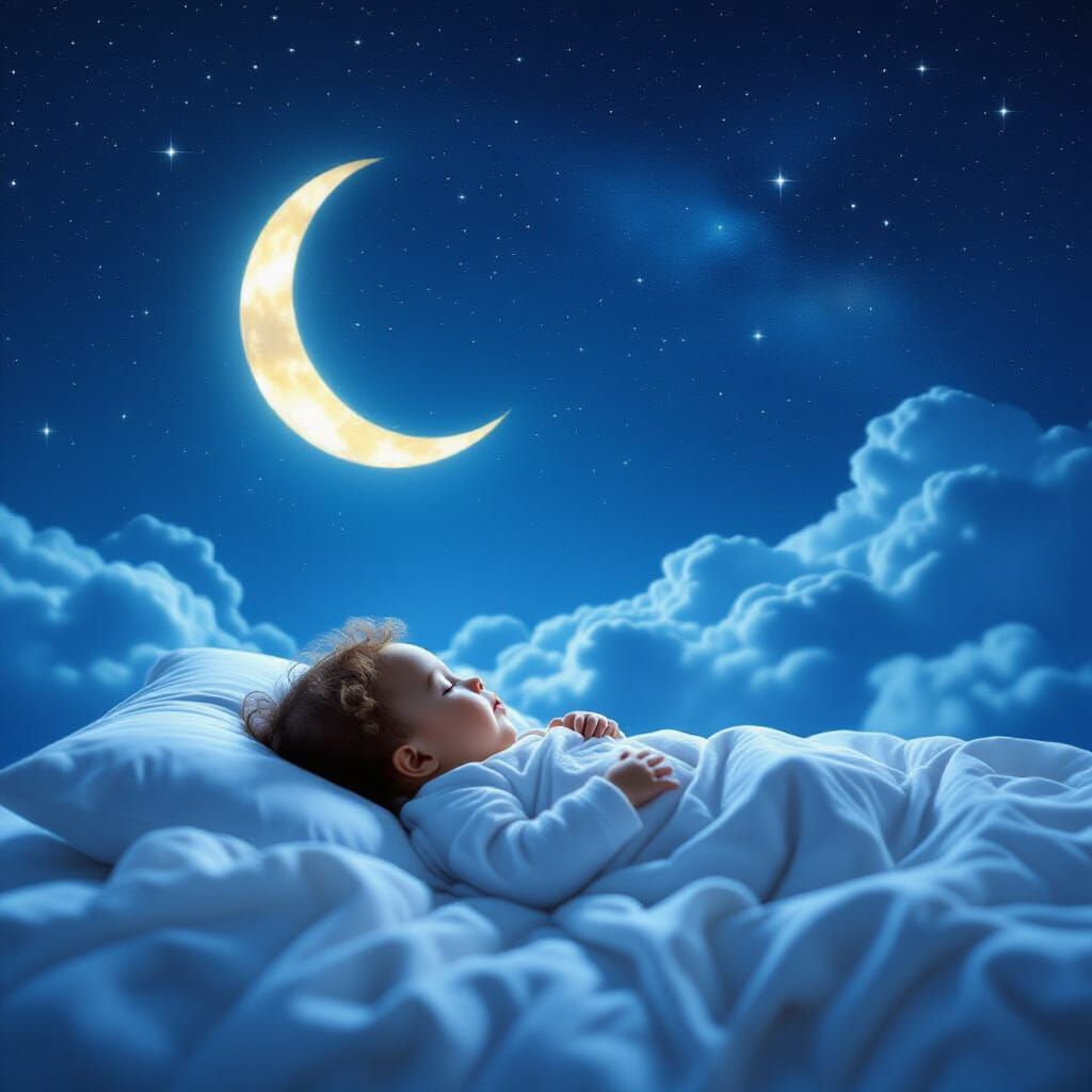 Baby Sleeping on Moon in Clouds