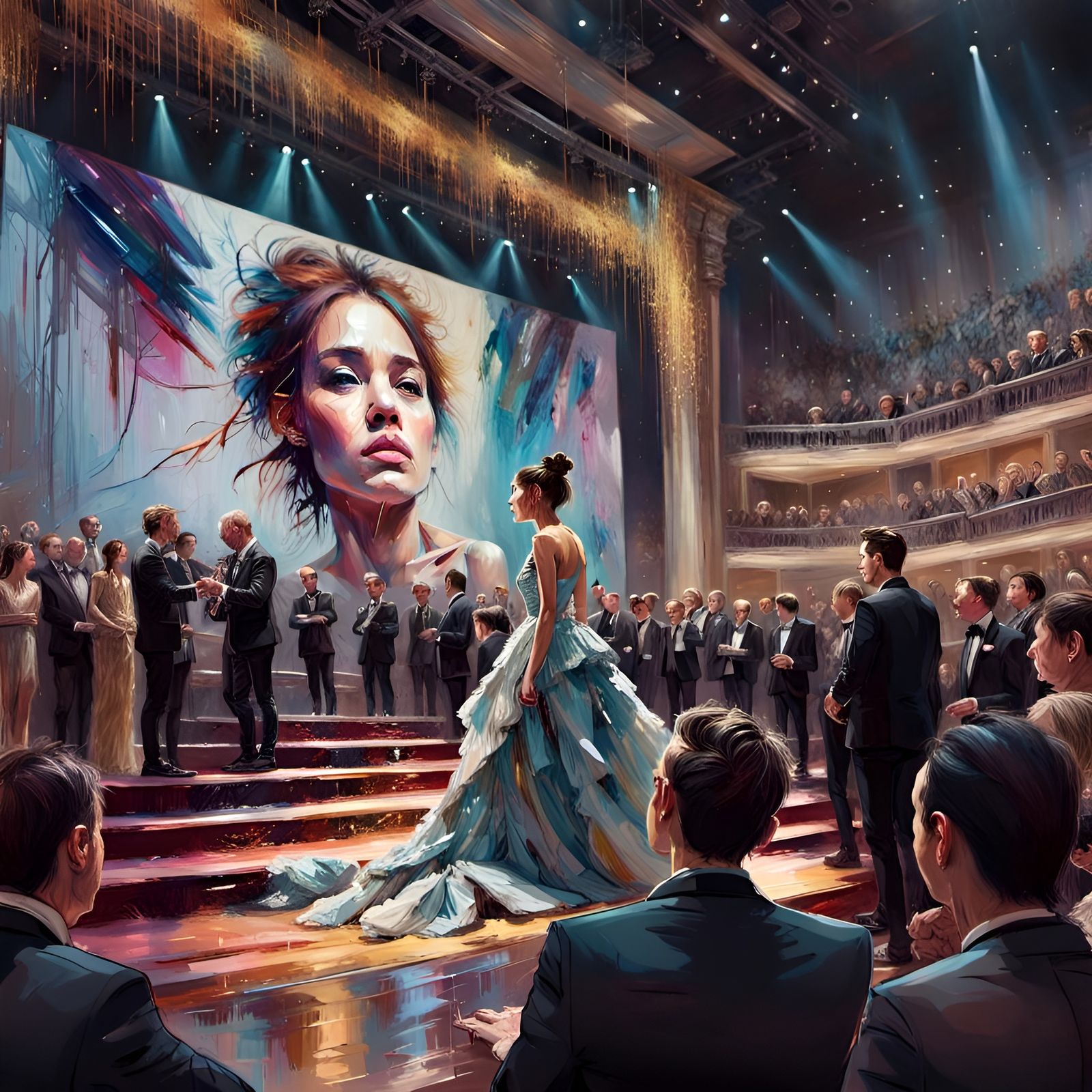 Amazing painting of an Oscar prize ceremony award show, intricate stage, elegant people, by WLOP, Carne ...  by @Aia