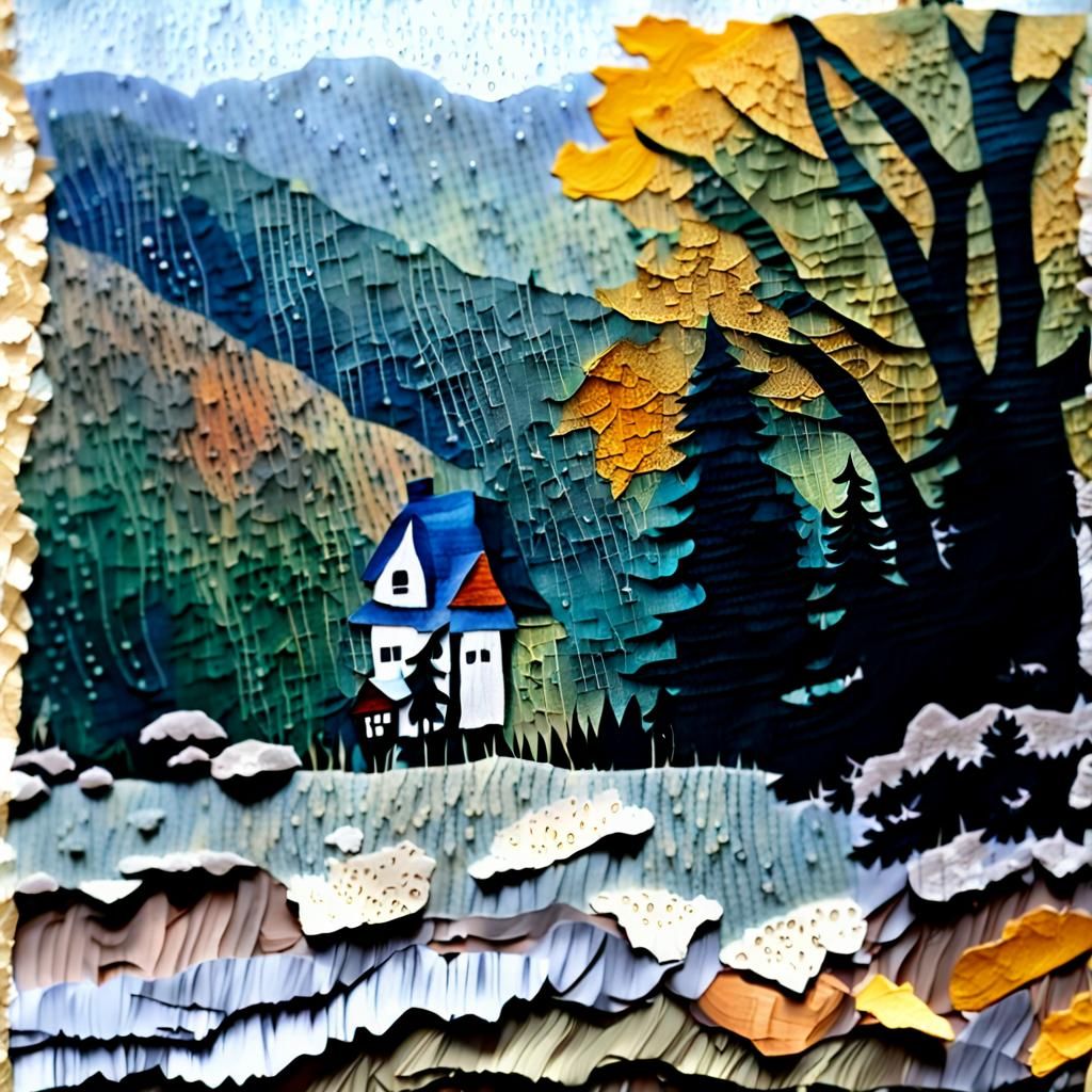 Mixed media paper collage. House in the Hills. Close-up of a forest ...