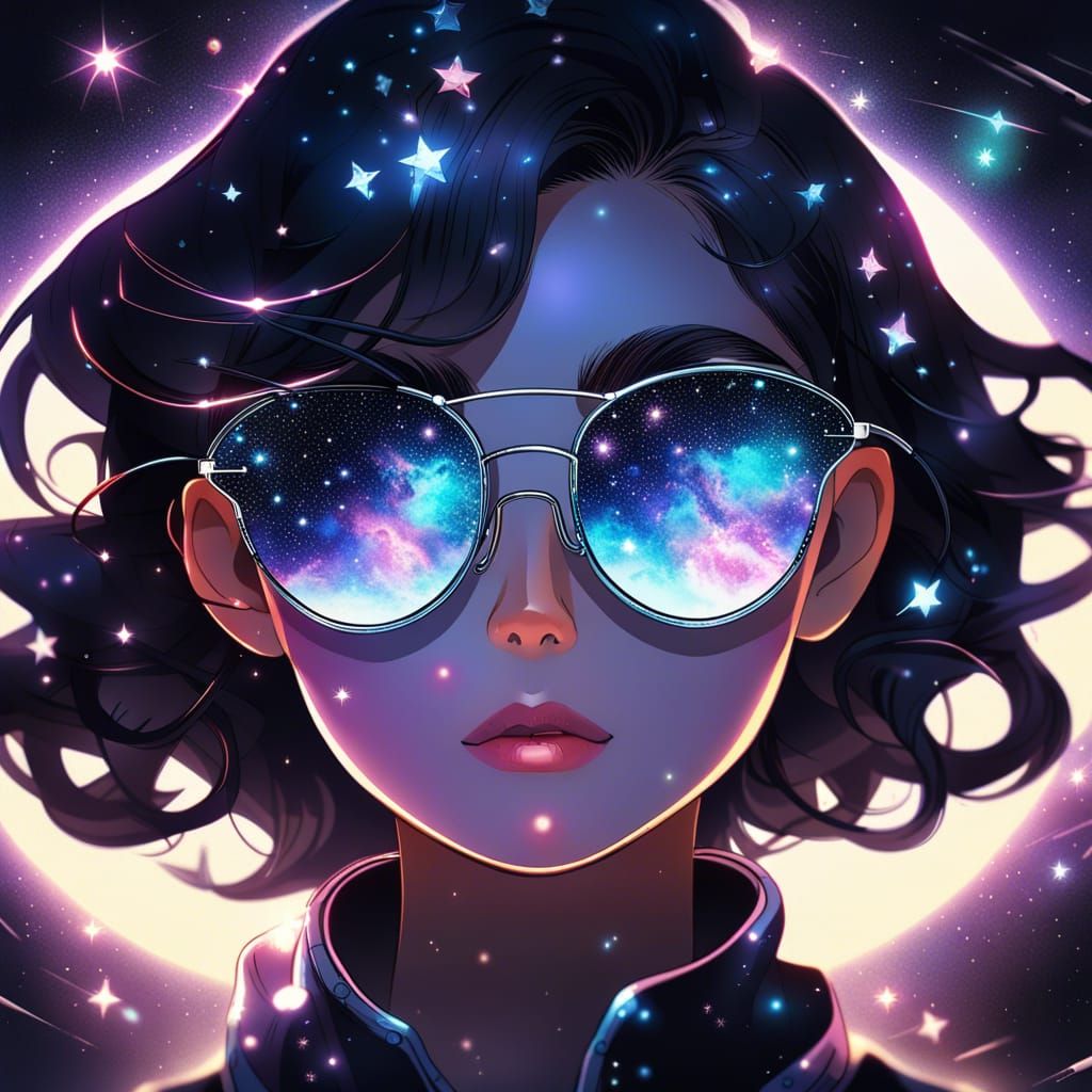 girl wearing shiny star-shaped sunglasses with galaxies in her eyes, centered, key visual, intricate, ... false