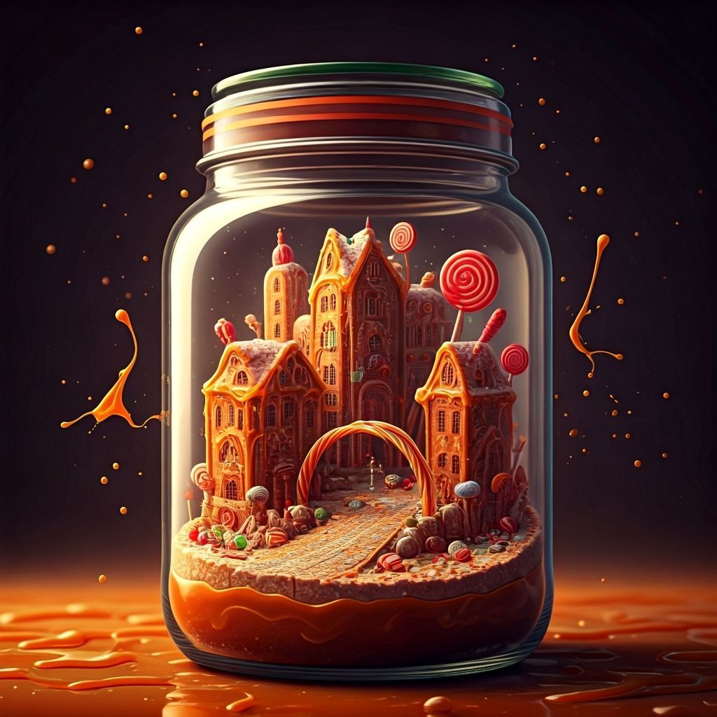 inside a glass transparent jar a whole world made of sweets, lollipops, chocolate. a city with streets of caramel, bridges