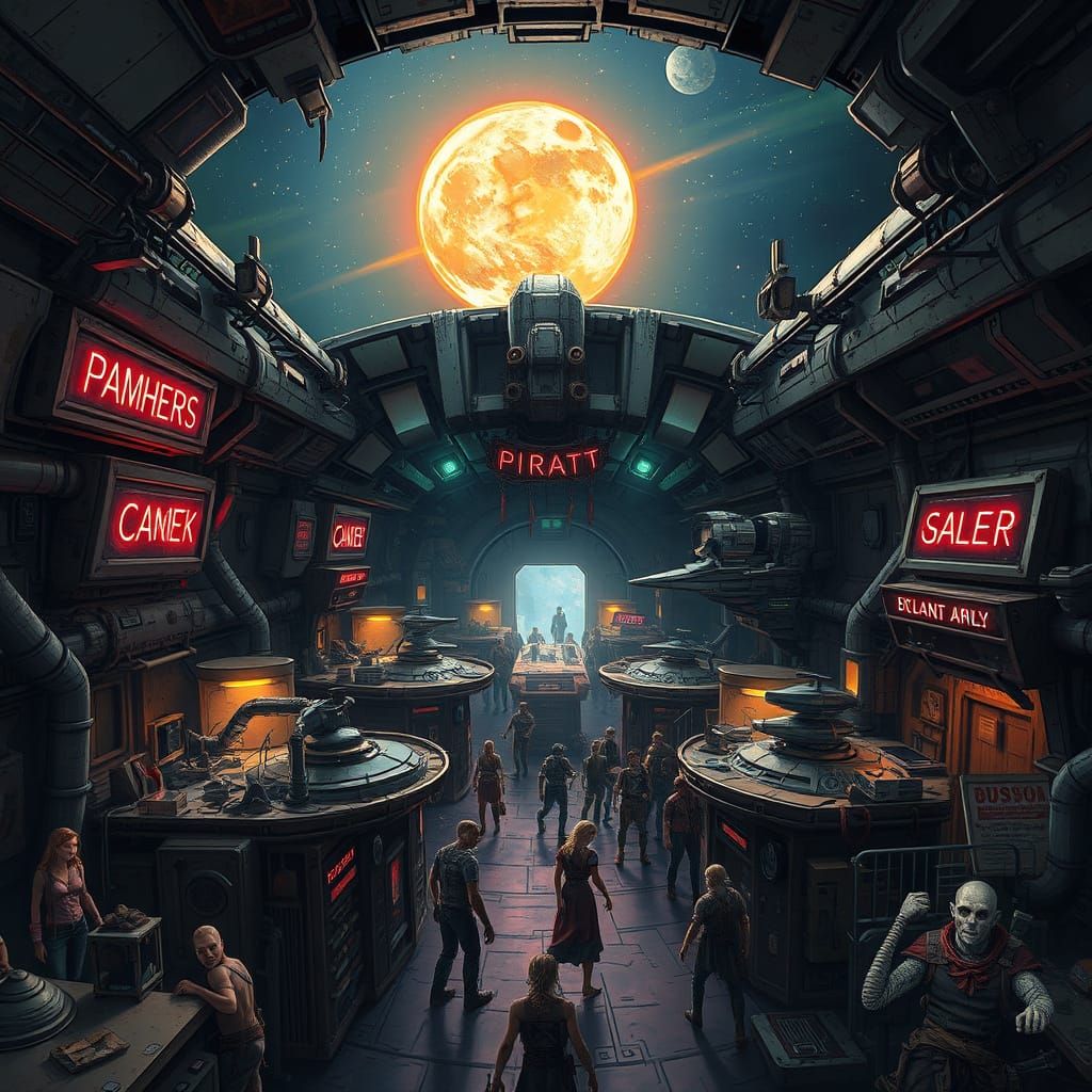 A derelict space station, now repurposed as a pirate haven, orbits a dying star. Neon signs flicker erratically, ...  by @Andzon