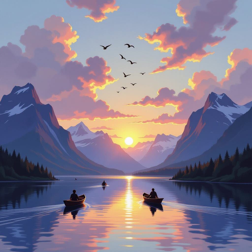 A river in the middle of big mountains. Small boats sailing, the sun sun is setting, birds are flying, white clouds.