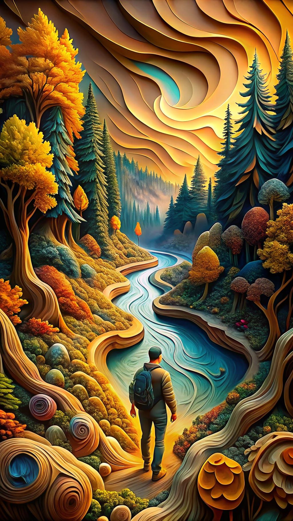 Paper art of autumn woods with a winding stream and hiker at the golden hour