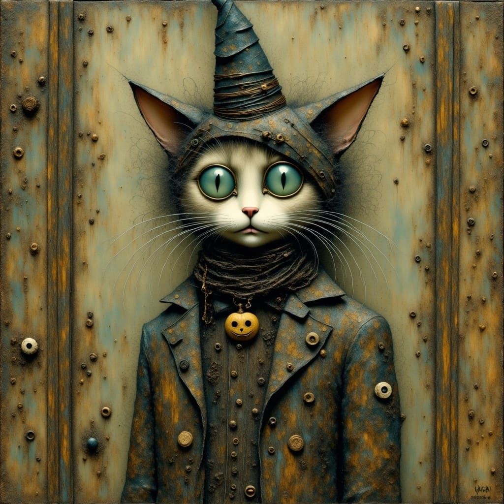 <lora:Kitty:1.0>  Tim Burton, a cute cat dressed for Halloween trying to be scary in the style of Alexander Jansson and Leo Lionni, horror s...