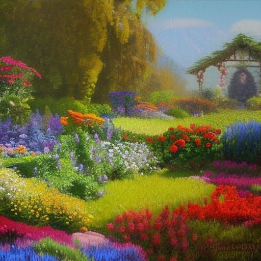 A fantasy garden with flowers oil painting by James Gurney