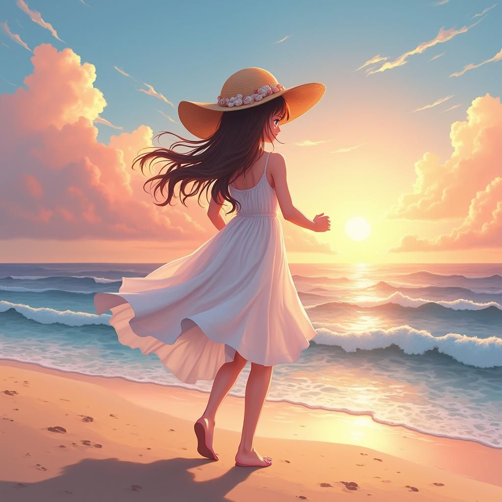 Anime Girl Basks in Sunset Beach Scene