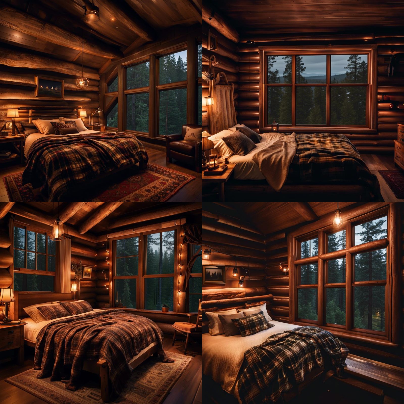 Upscale log cabin bedroom with large window looking out over a