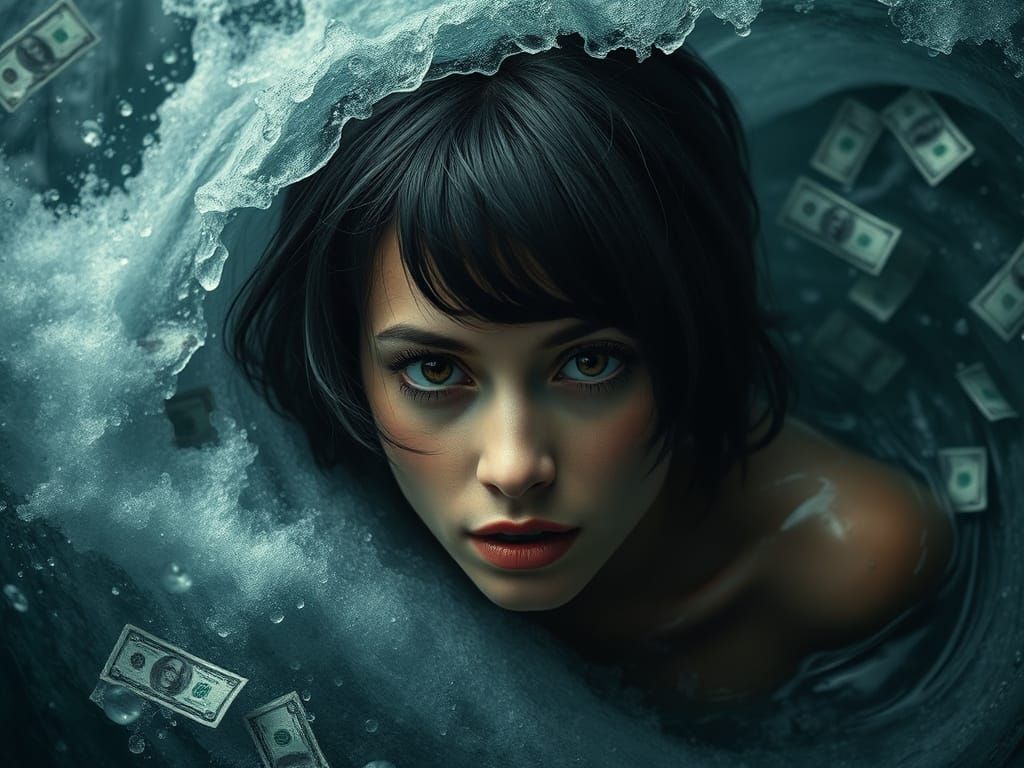 Woman Drowning in Wave of Money