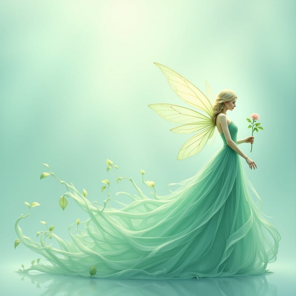 <lora:MrsH Delicate Fae:1.0>  use pastel blue and green  hues, an ethereal fairy dress in billowing green dress holding a rose , minimalist...