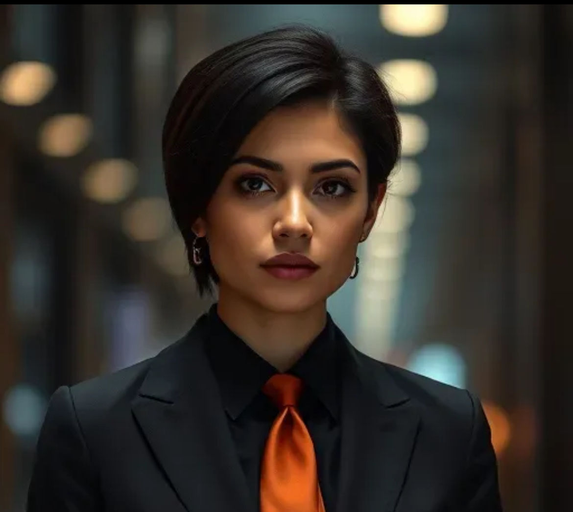 An attractive short haired woman wearing a black suit and a dark orange necktie