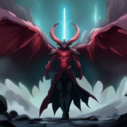 Dark Demon with 8 horns,wearing medevil armor;emerging from crimson ...