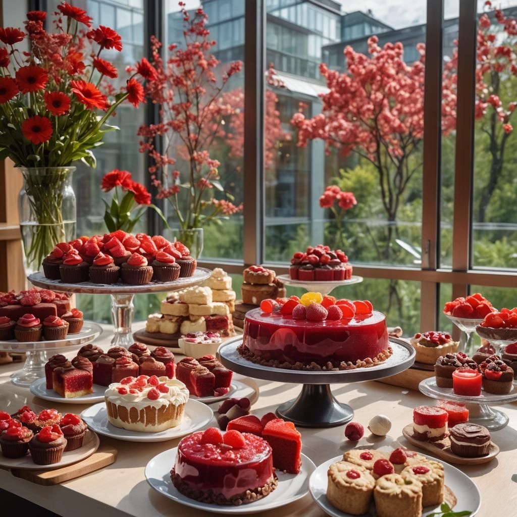 Luxury Red Jell-O Cakes in Modern Kitchen