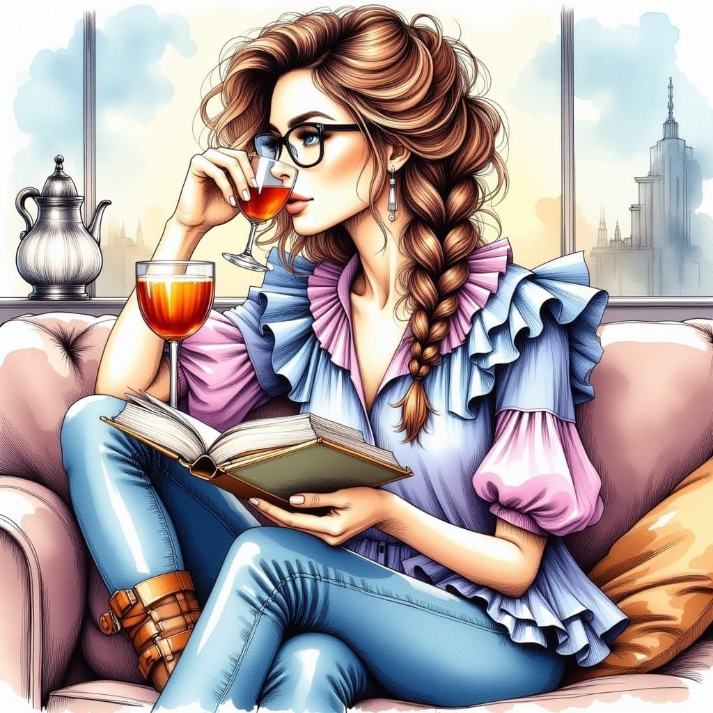 <lora:BeautifulPaintingFx:1.0> Stunning woman, wavy and tousled brown hair, braid, wearing a blue pink blouse with ruffles, jeans, boots, si...