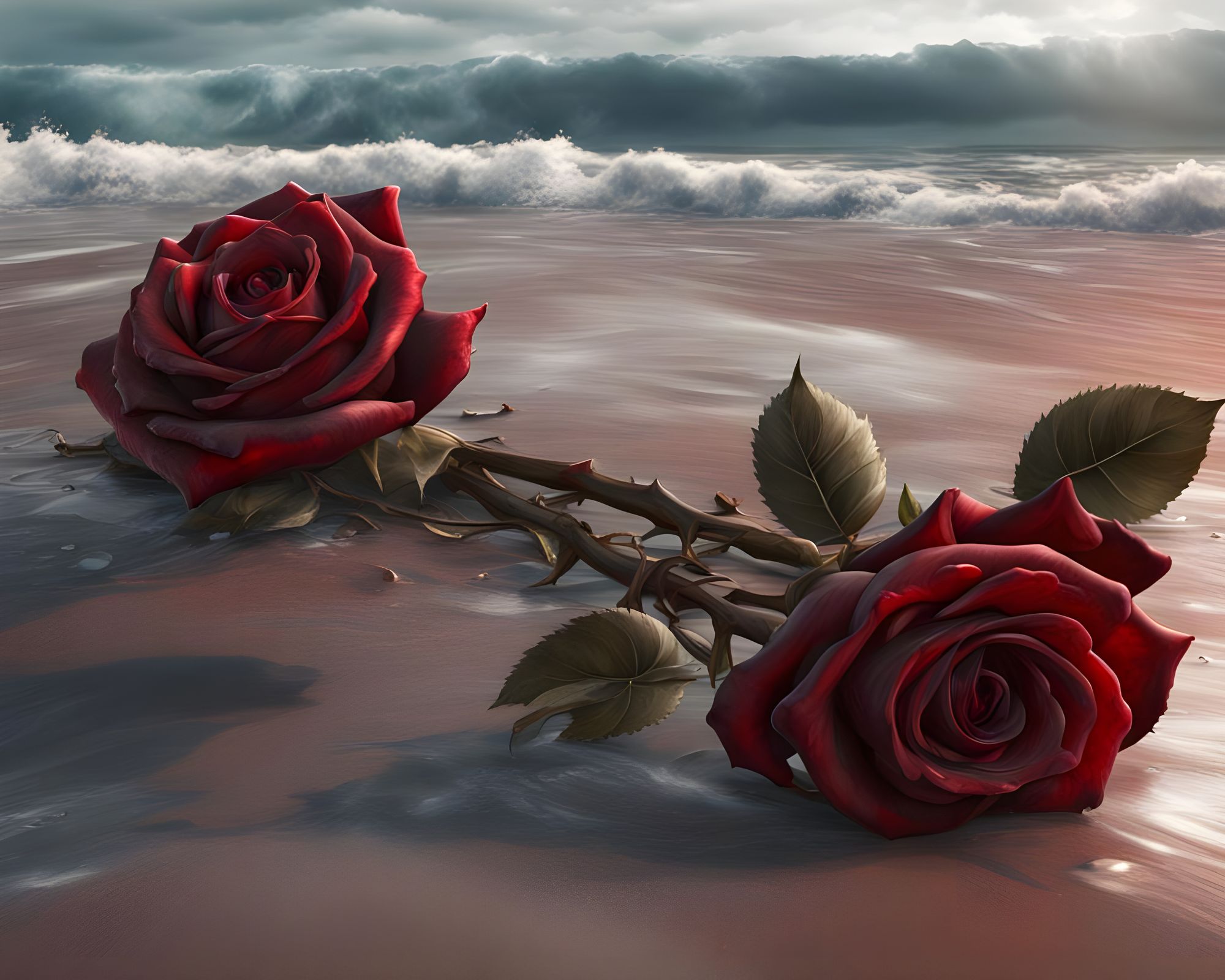 Dead red rose washed up on beach lapping waves gentle 