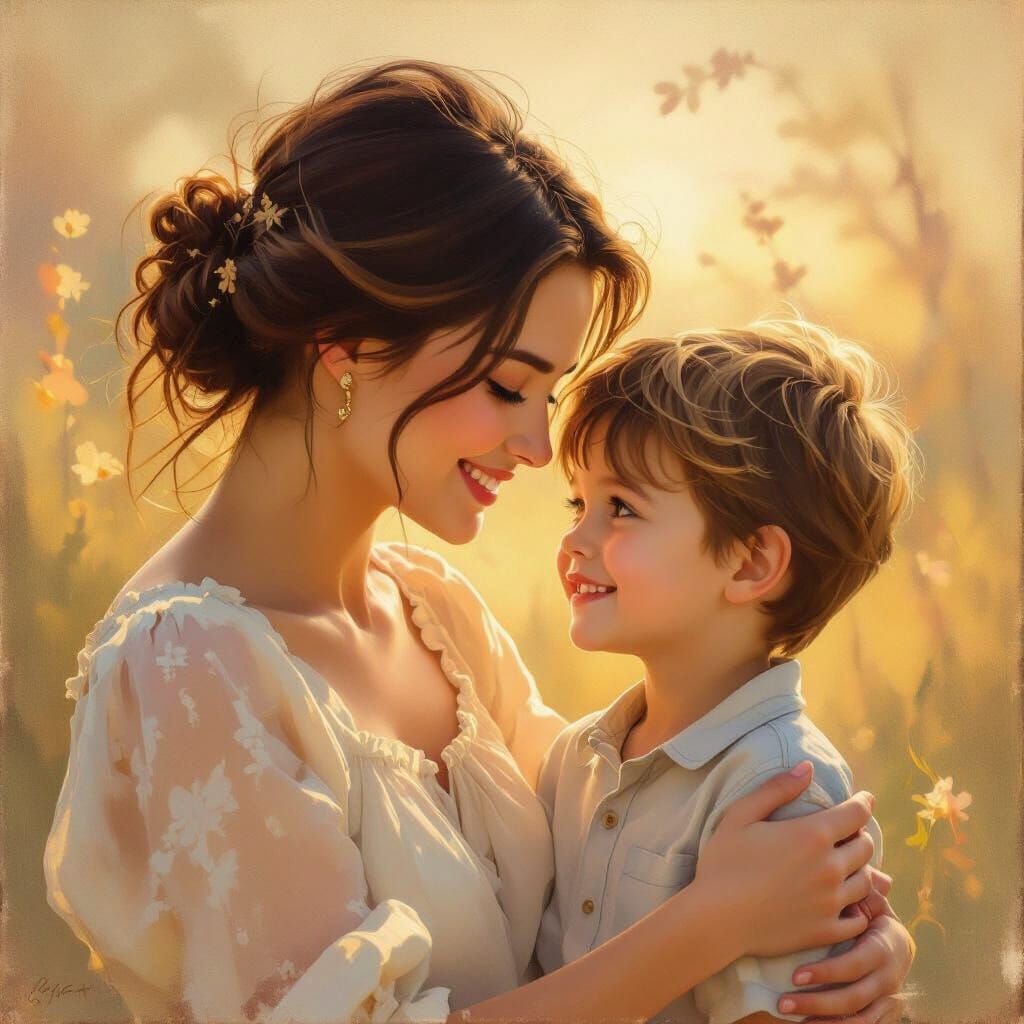 Tender Moment: Woman and Boy in Golden Hour Oil Painting