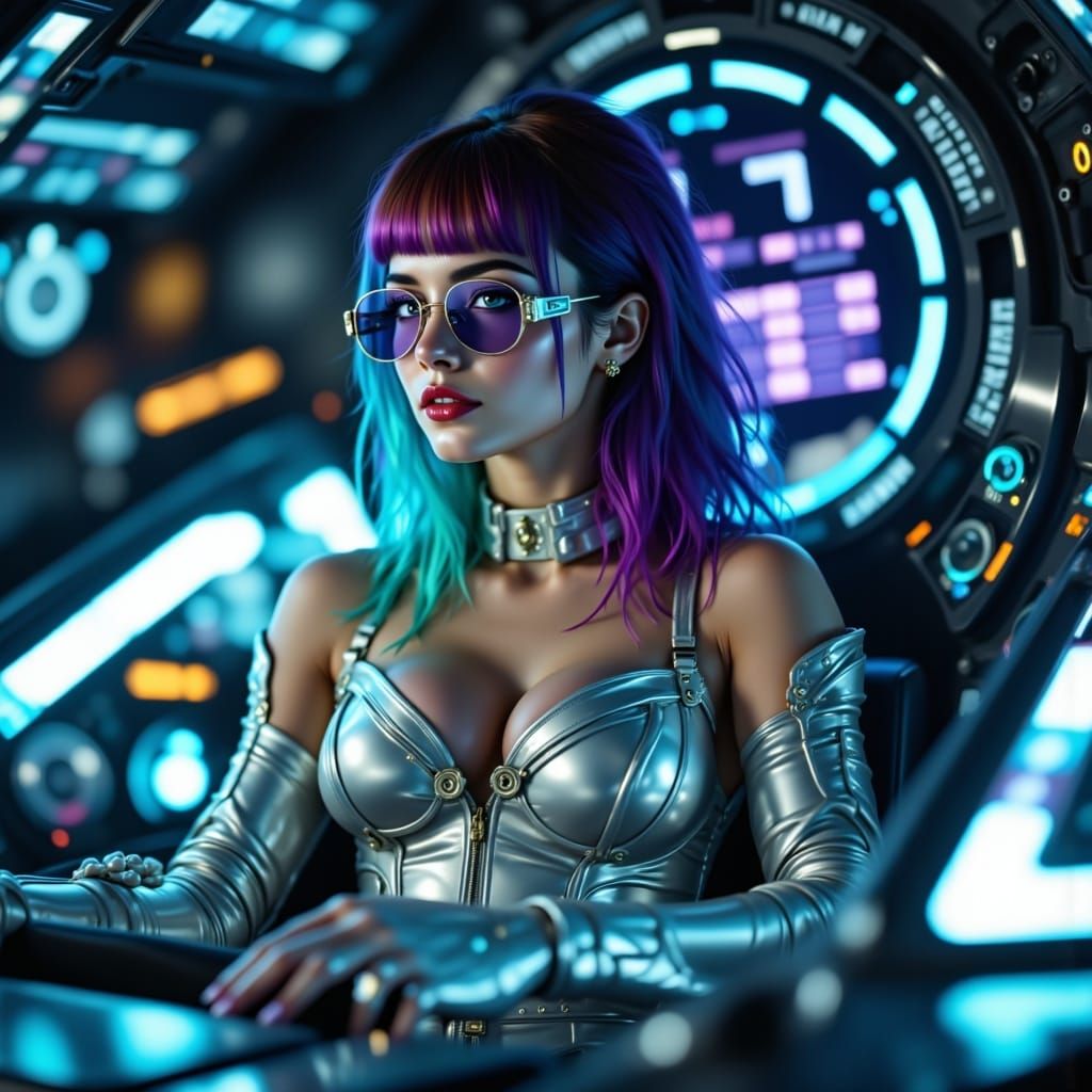 A zoomed in portrait of a futuristic woman with metallic silver and neon blue accents on her bodysuit, adorned with iridescent, holographic...